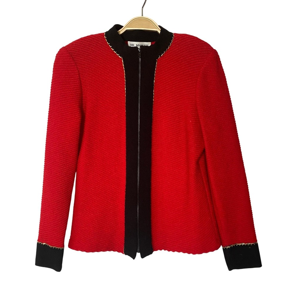 VTG 90s The Michael Collection Wool Blend Sweater Jacket Women S Red Beaded USA